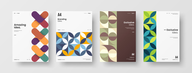 Obraz premium Business presentation vector A4 vertical orientation front page mock up set. Corporate report cover abstract geometric illustration design layout bundle. Company identity brochure template collection.
