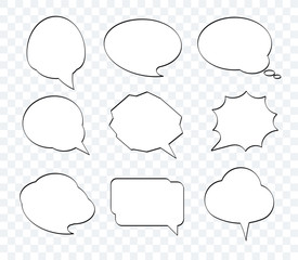 Set of nine hand drawn comic speech bubbles with white fill in pop art style. Empty clouds with space for text. 