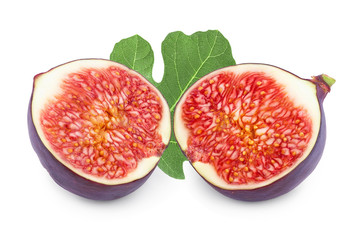 Fresh fig half fruit with leaf isolated on white background
