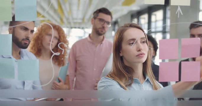 Young caucasian girl showing colleagues her problem sollution on glass board. Team of mixed ethnic managers using glassboard and sticky notes on corporate meeting. Concept of teamwork.