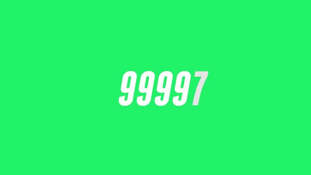 Animated counter 99900-100000 white jumping symbols on green background. Flat design counting number to one hundred thousand hits. 4K digital video.