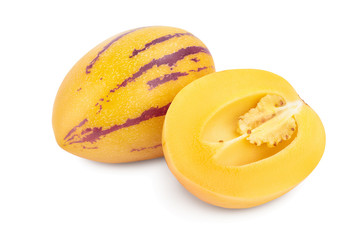 Fresh Pepino fruit with half isolated on white background.