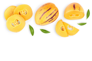 Fresh Pepino fruit with leaves isolated on white background with copy space for your text.. Top view, flat lay