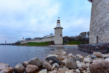 Scenic view of the confluence of two rivers and the Kremlin wall in the city of Pskov (Russia).
