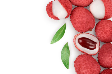 lychee fruit isolated on white background with clipping path and full depth of field. Top view. Flat lay with copy space for your text