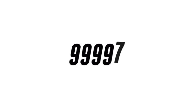 Animated counter 0-100000 black jumping symbols on white background. Flat design counting number to one hundred thousand hits. 4K digital video.