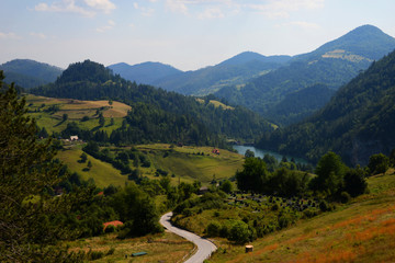 Zaovine lake, Tara mountain, Serbia, beautiful landscape of mountains, valley and lake