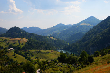 Zaovine lake, Tara mountain, Serbia, beautiful landscape of mountains, valley and lake
