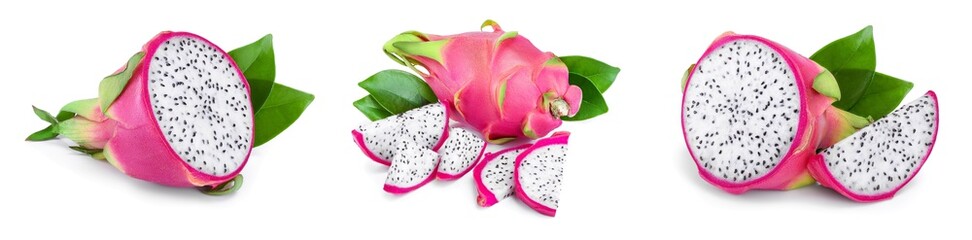 Ripe Dragon fruit, Pitaya or Pitahaya isolated on white background, fruit healthy concept. Set or...