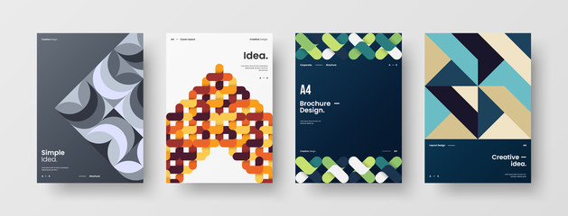 Obraz premium Business presentation vector A4 vertical orientation front page mock up set. Corporate report cover abstract geometric illustration design layout bundle. Company identity brochure template collection.