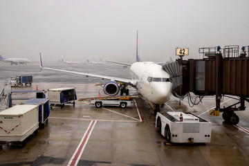 The plane is at the airport, cloudy weather. Luggage