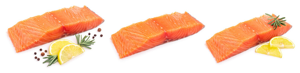 fillet of red fish salmon with lemon and rosemary isolated on white background. Set or collection