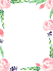 Watercolor postcard with delicate pink flowers, green leaves and berries. Gentle greeting card for greetings, invitations and design illustrations.