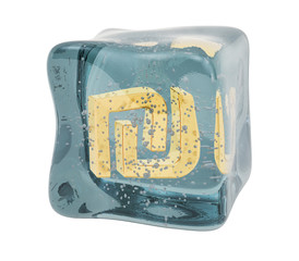 Shekel symbol frozen in ice cube, 3D rendering