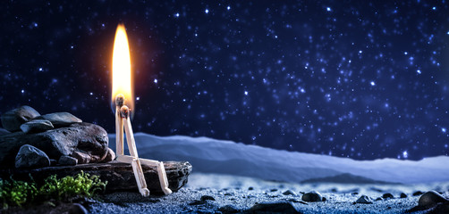 Two Romantic Matchsticks Burning In Love Sitting On Mountain Top Under Starry Sky - Love And...
