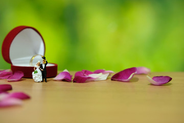 Miniature photography - outdoor wedding / garden wedding ceremony concept, bride and groom walking on red rose flower pile	