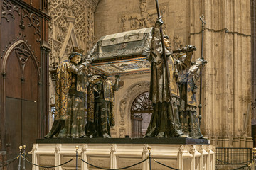 The tomb of Christopher Columbus in the Cathedral of Seville, Spain. Impressive homage to the first...