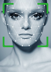 Biometric verification. Young woman. The concept of a technology of face recognition on polygonal grid.