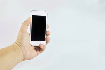 hand holding mobile phone isolated on white