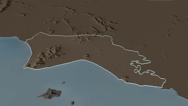 Kep, province with its capital, zoomed and extruded on the administrative map of Cambodia in the conformal Stereographic projection. Animation 3D