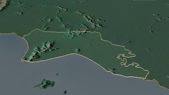 Kep, province with its capital, zoomed and extruded on the relief map of Cambodia in the conformal Stereographic projection. Animation 3D