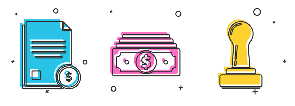 Set Finance document, Stacks paper money cash and Stamp icon. Vector