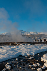 Geysir Geothermal Area along the Golden Circle in Iceland on a clear winter day