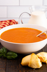 A Bowl of Homemade Cream of Tomato and Basil Soup