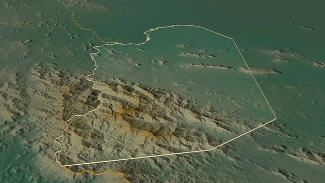 Krong Pailin, municipality with its capital, zoomed and extruded on the relief map of Cambodia in the conformal Stereographic projection. Animation 3D