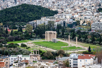 Athens, Greece: the Temple of Olympian Zeus and landscape of the city, the Olympieion, Columns of the Olympian Zeus seen from the Acropolis