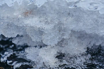 Ice texture, interesting frozen lake patterns, naturally created forms. Frozen river's water in the winter in mount Vitosha, near Sofia, Bulgaria. Ice Age climate changes.