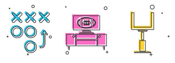 Set Planning strategy concept, American football on tv program and stand and American football goal post icon. Vector © Oksana