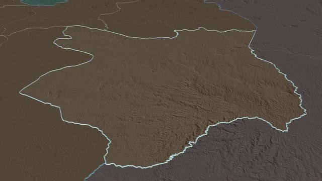 M&ocirc;nd&oacute;l Kiri, province with its capital, zoomed and extruded on the administrative map of Cambodia in the conformal Stereographic projection. Animation 3D