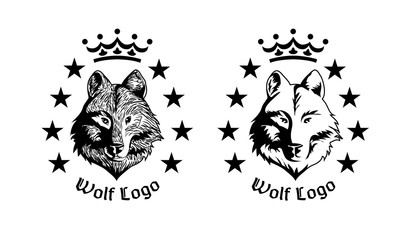 Logo for hunter club with wolf's head and text. Vector illustration.