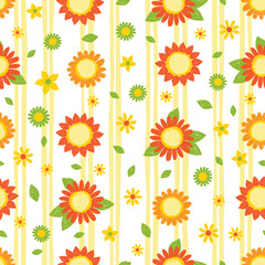 Vector white textured sunflowers pen sketch repeat pattern with light yellow stripes. Suitable for textile, gift wrap and wallpaper.