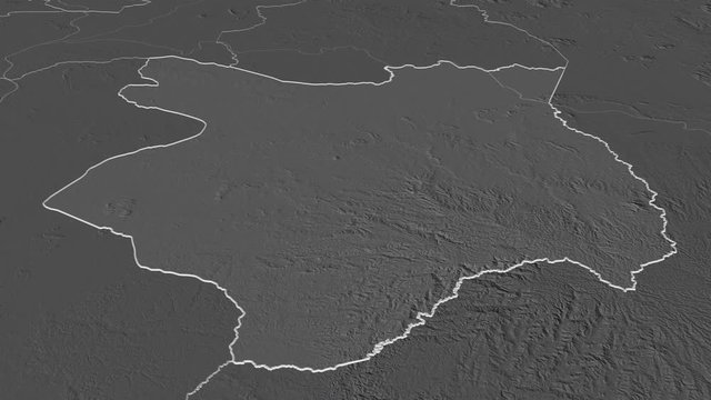 M&ocirc;nd&oacute;l Kiri, province with its capital, zoomed and extruded on the bilevel map of Cambodia in the conformal Stereographic projection. Animation 3D