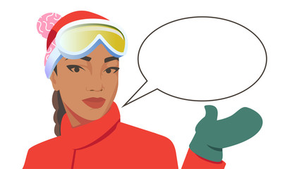 Ski and snowboard resort poster design. Cartoon style character on winter background.