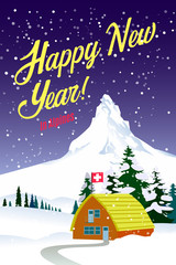 Obraz na płótnie Canvas Christmas and New year holiday poster design. Alpine mountains, fir trees and hunter's house with calligraphy text. Vector illustration.