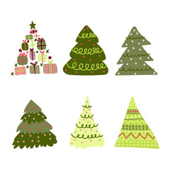Set of 6 cute flat Christmas trees and gift boxes.