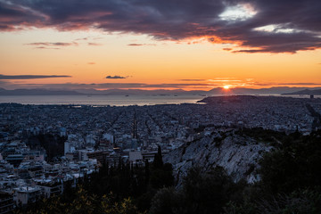 landscape of Athens at sunset, Greece