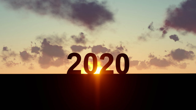 2020 Text Silhouette at Sunset Background, 3D Rendering