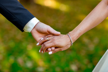 hands of the bride and groom holding each other at the wedding photo shoot