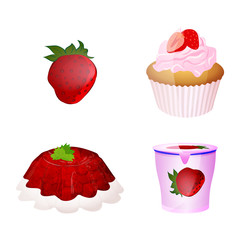 Set Icons Of Confectionery Product Consisting of strawberry, Cupcake, Jelly, Yogurt Isolated On White Background. Flat style. Vector illustration