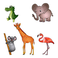 Set of different animals isolated on the white background. Crocodile, Elephant, Koala, Giraffe, Flamingo. Flat style. Vector illustration