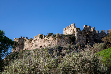 Fototapeta na wymiar remains of the old castle of Navarino (Palaiokastro or Paliokastro). The site of the Athenian fort Battle of Pylos. Pylos-Nestor, Messenia, Peloponnese, Greece