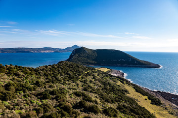 small island of Sphacteria seen from the ruins of old Castle of Navarino. Pylos-Nestor, Messenia, Peloponnese, Greece