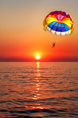 People are gliding with a parachute on the background of sea sunset. Soft focus. Blur.