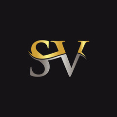 Gold And Silver letter SV Logo Design with black Background. SV Letter Logo Design
