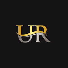 Gold And Silver letter UR Logo Design with black Background. UR Letter Logo Design