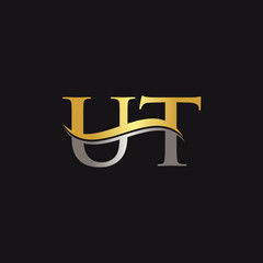 Gold And Silver letter UT Logo Design with black Background. UT Letter Logo Design